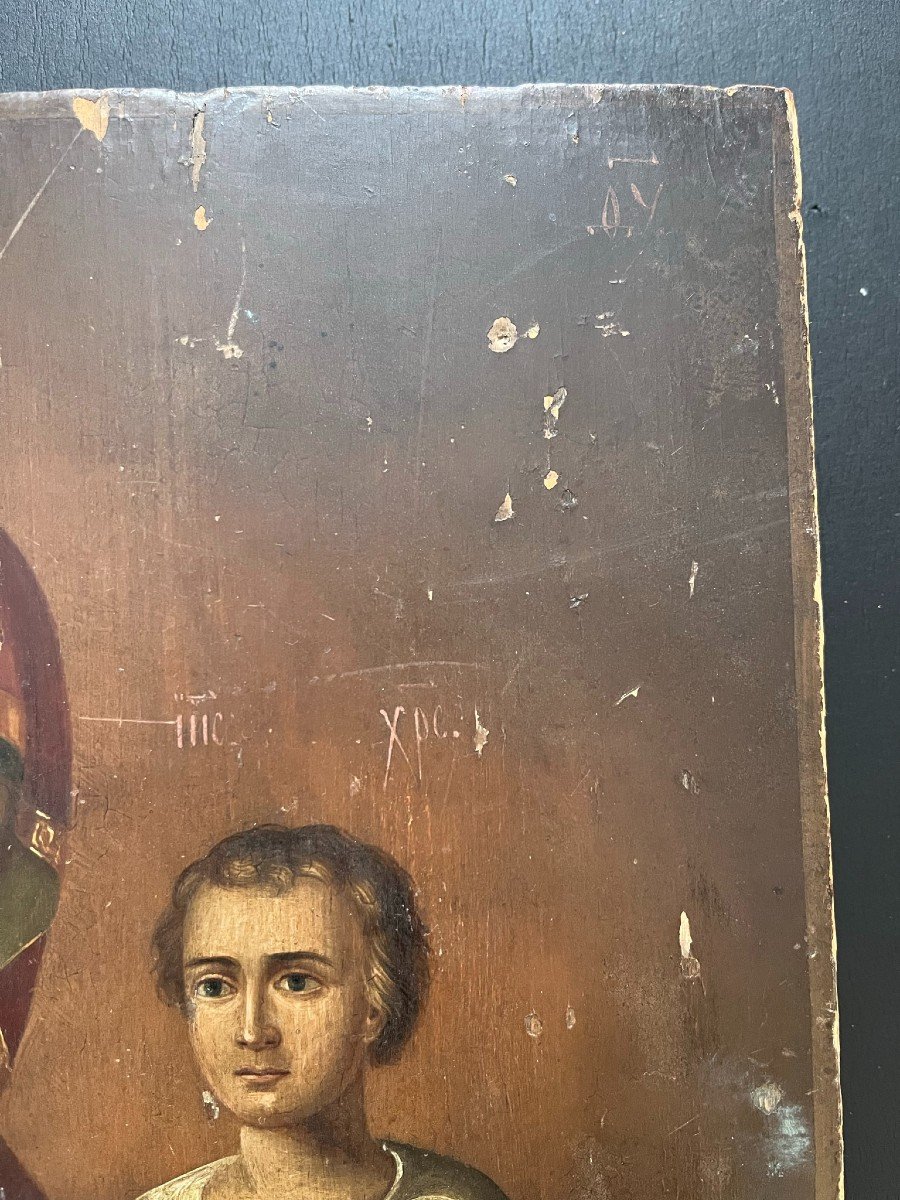 Icône Grecque Du XIXème En Bois Peint  - Vierge à l'Enfant -photo-1