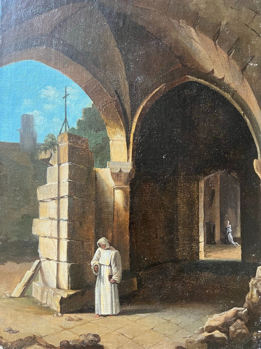 Oil On Canvas - Romantic School Around 1830 - Monastery Interior-photo-2