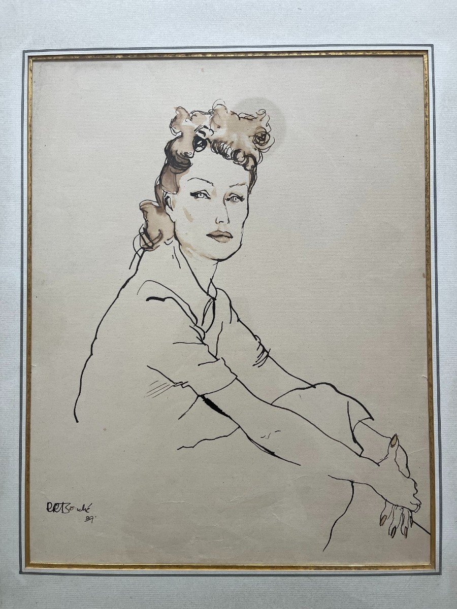 René Bouché - Ink And Watercolor - Portrait Of Katharine Hepburn - 1939-photo-2