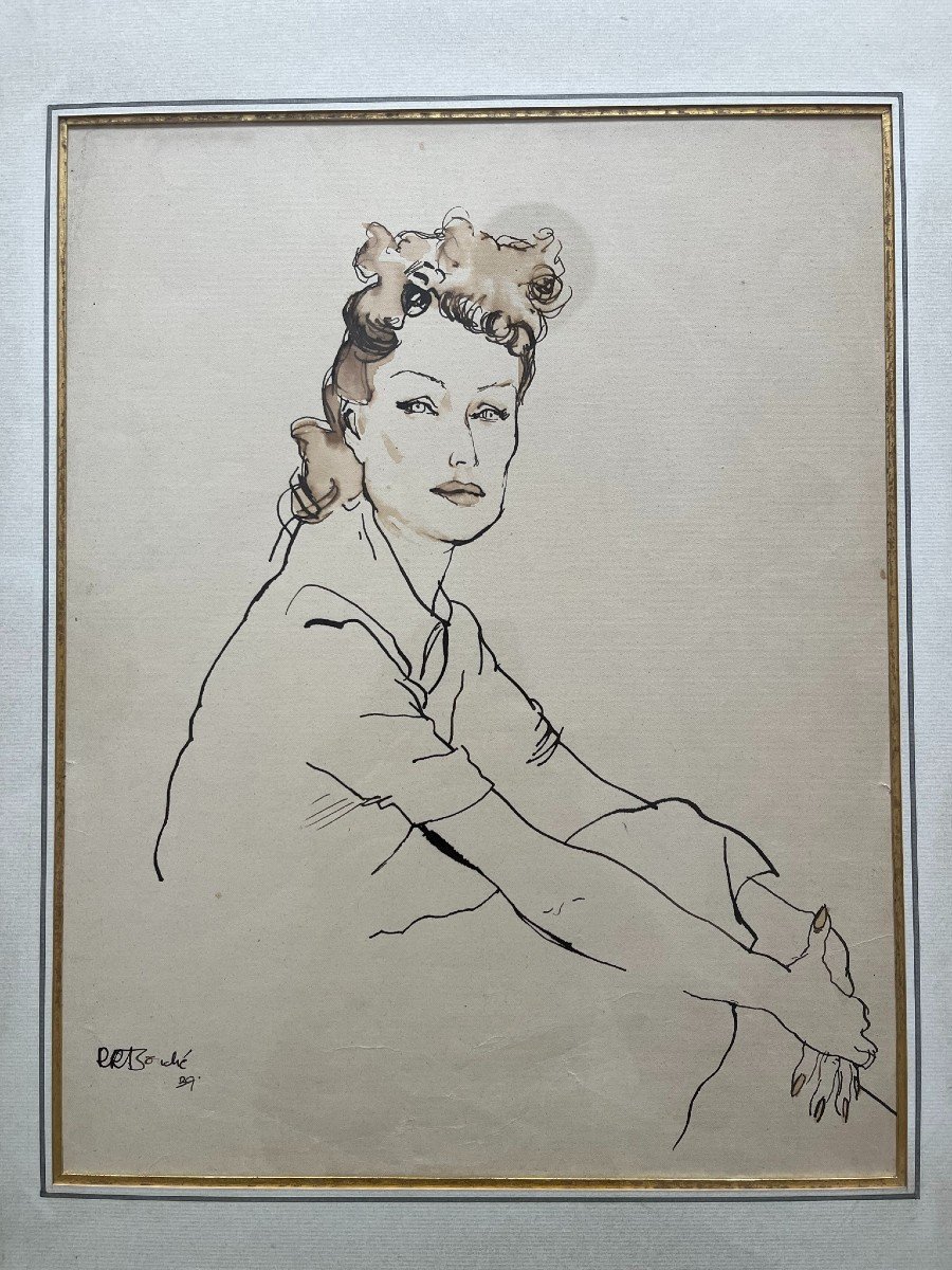 René Bouché - Ink And Watercolor - Portrait Of Katharine Hepburn - 1939-photo-2