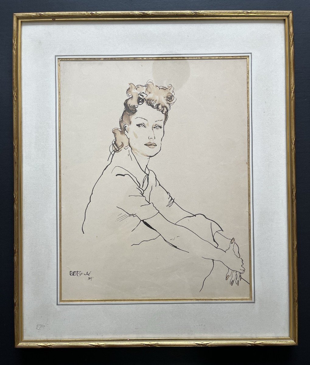 René Bouché - Ink And Watercolor - Portrait Of Katharine Hepburn - 1939