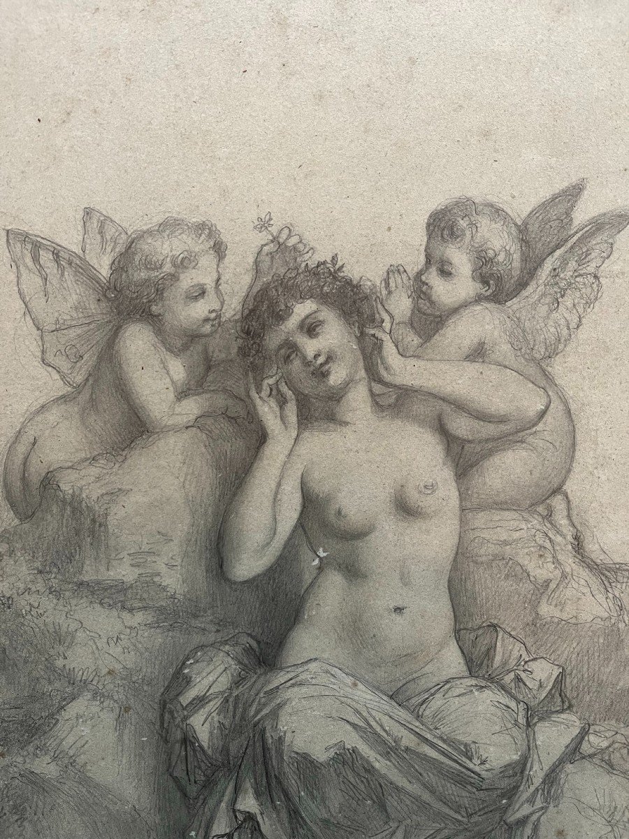 Henri-pierre Picou - Original Pencil Drawing - Muse And Her Loves - 1869-photo-1