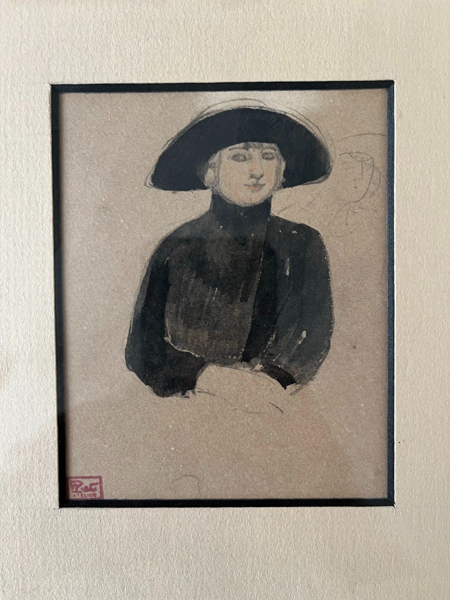 Fernand Piet - Pencil And Watercolor Drawing - Young Woman With A Hat-photo-2