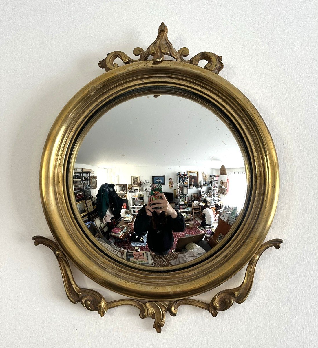 Miroir En Bronze Doré - œil De Sorcière  - Miroir Convexe - Circa 1950