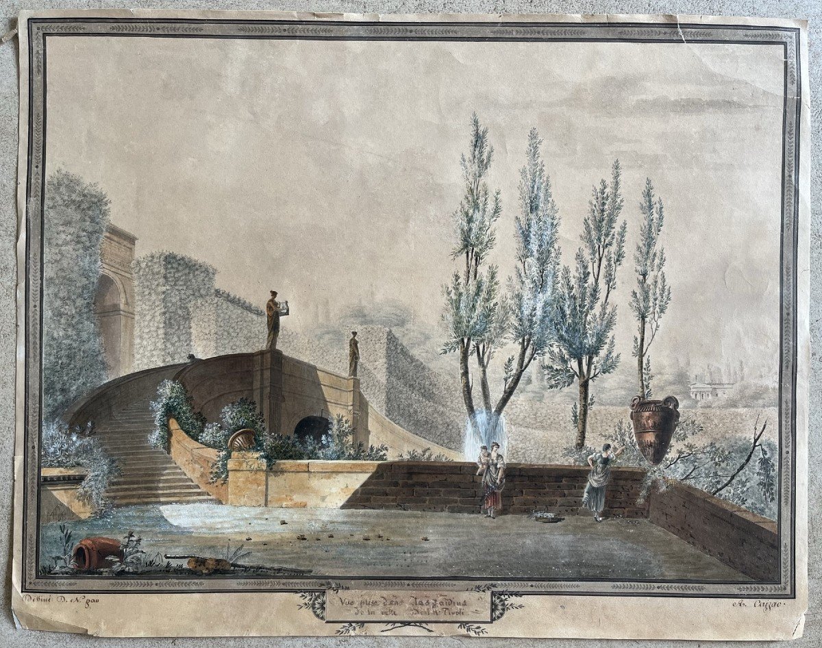 Large Watercolor Drawing Circa 1800 - Tivoli Gardens - Empire Period-photo-2