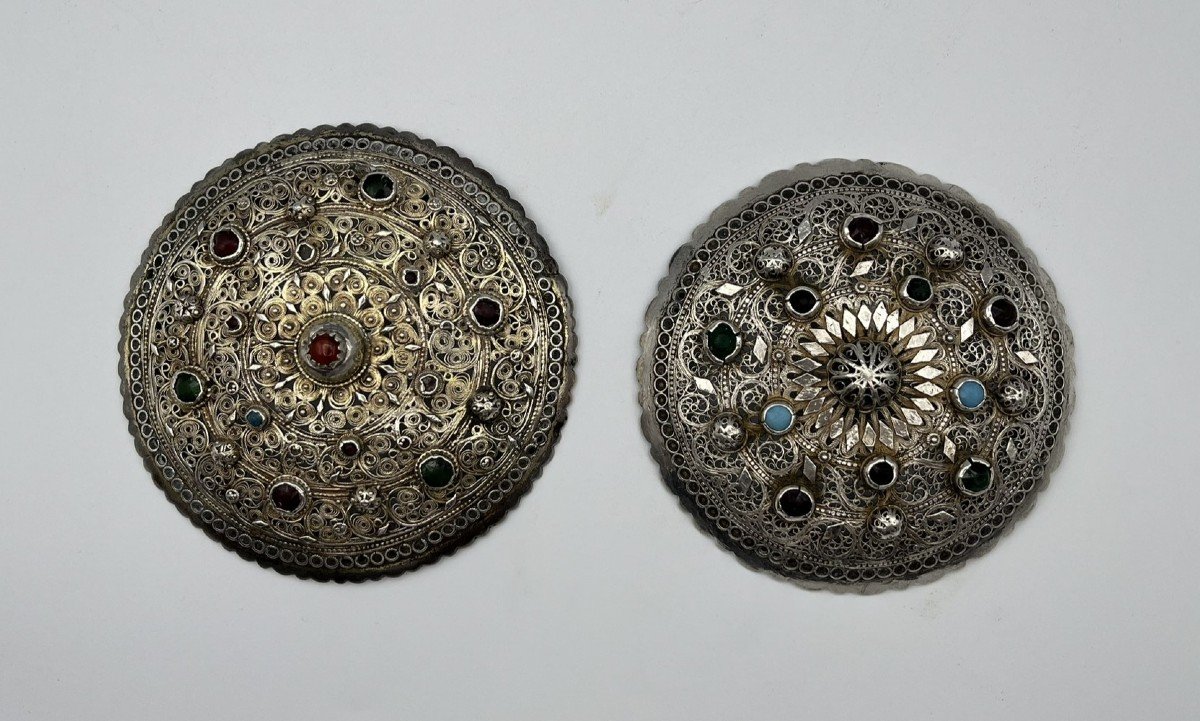 Pair Of 19th Century Ottoman Headdresses - Tepelik - Silver And Turquoise And Glass Cabuchons -photo-2