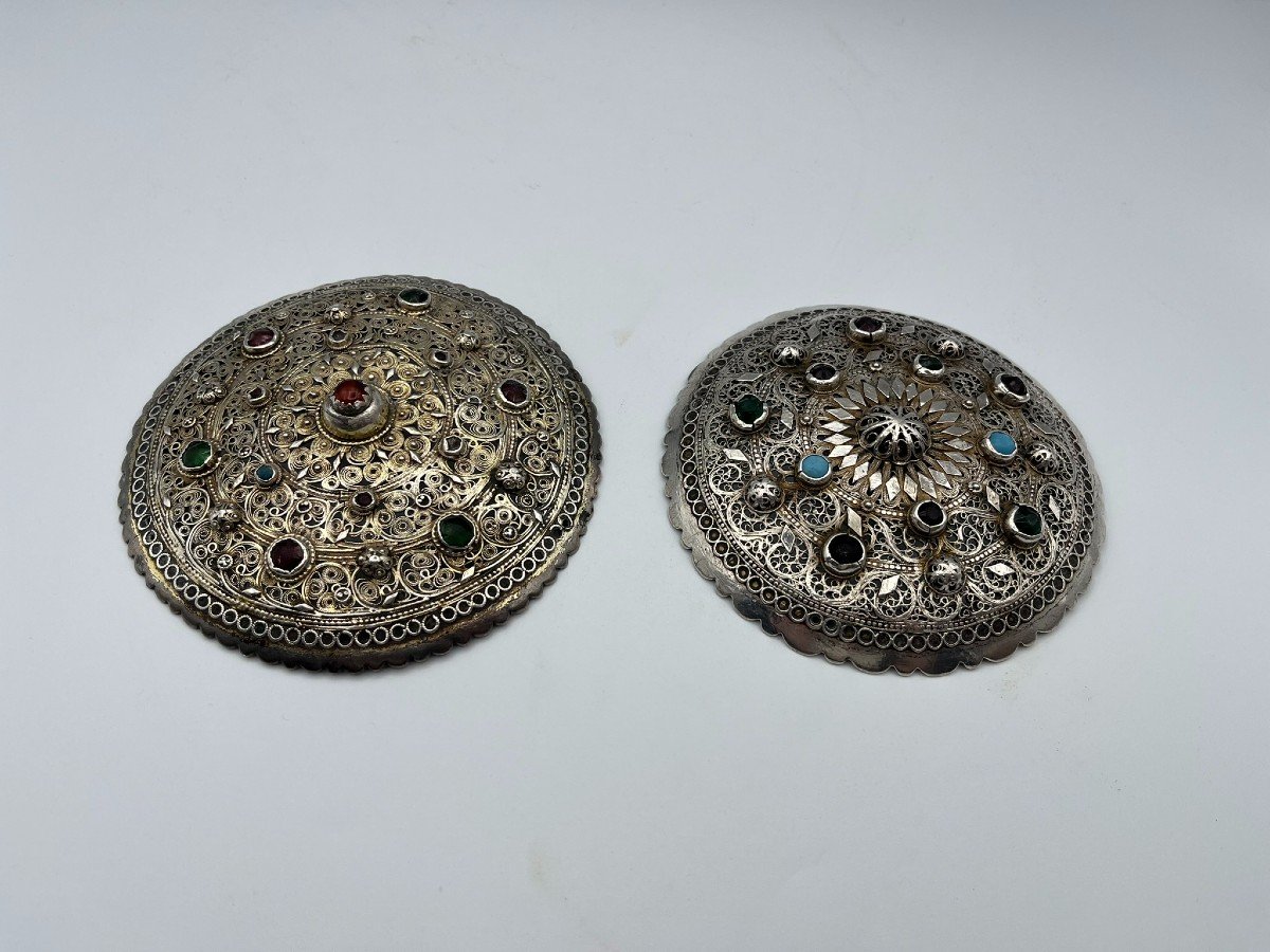 Pair Of 19th Century Ottoman Headdresses - Tepelik - Silver And Turquoise And Glass Cabuchons 