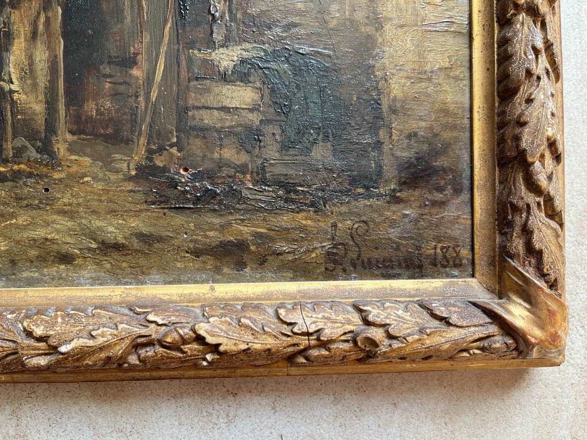 Huile Sur Panneau XIXème - Intérieur d'Une Grange - Signée Luigini - 1880-photo-3