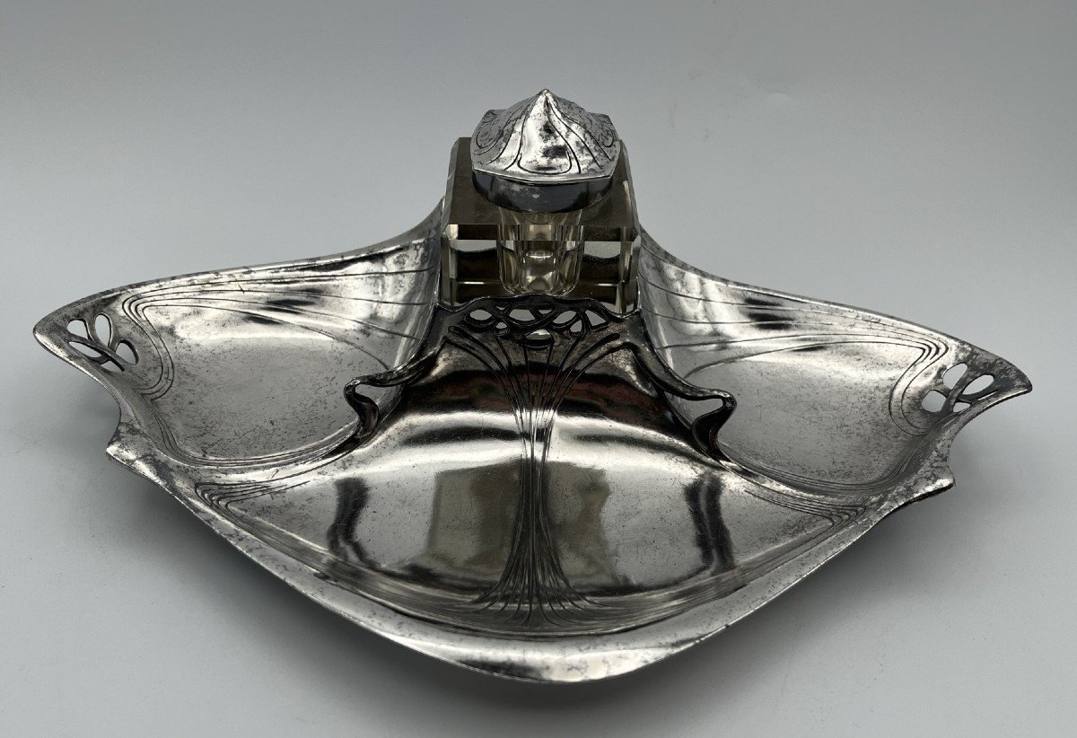 Encrier Art Nouveau Jugendstil - Métal Argenté - Juventa Prima Metal - Circa 1900