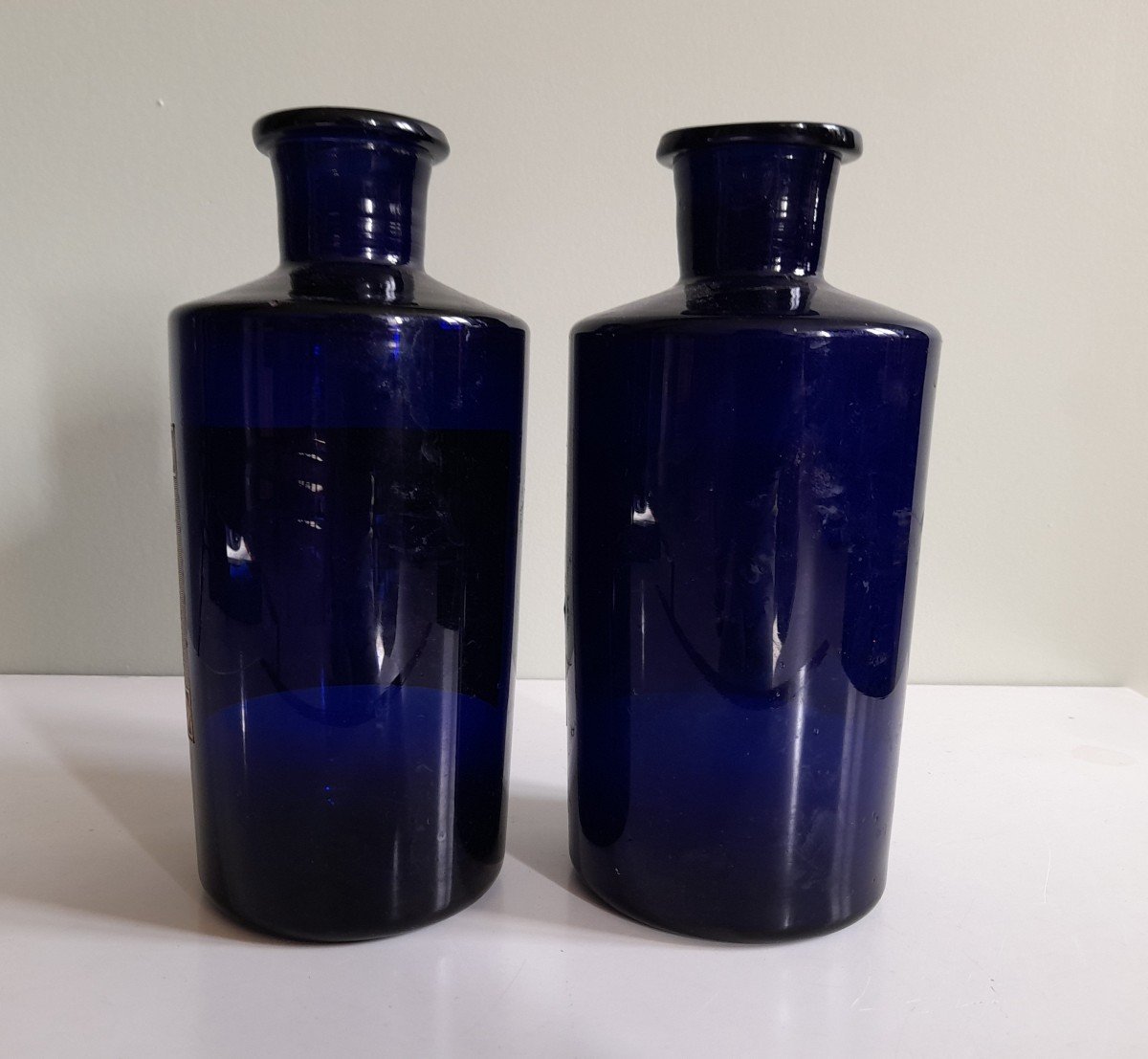 Pair Of Blown Blue Glass Pharmacy Bottles With 18th Century Labels - 2-photo-2