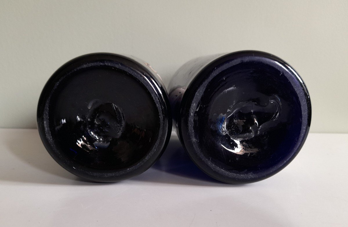 Paire De Flacons à Pharmacie En Verre Bleu Soufflé Avec étiquettes d'époque XVIIIème - 2-photo-4