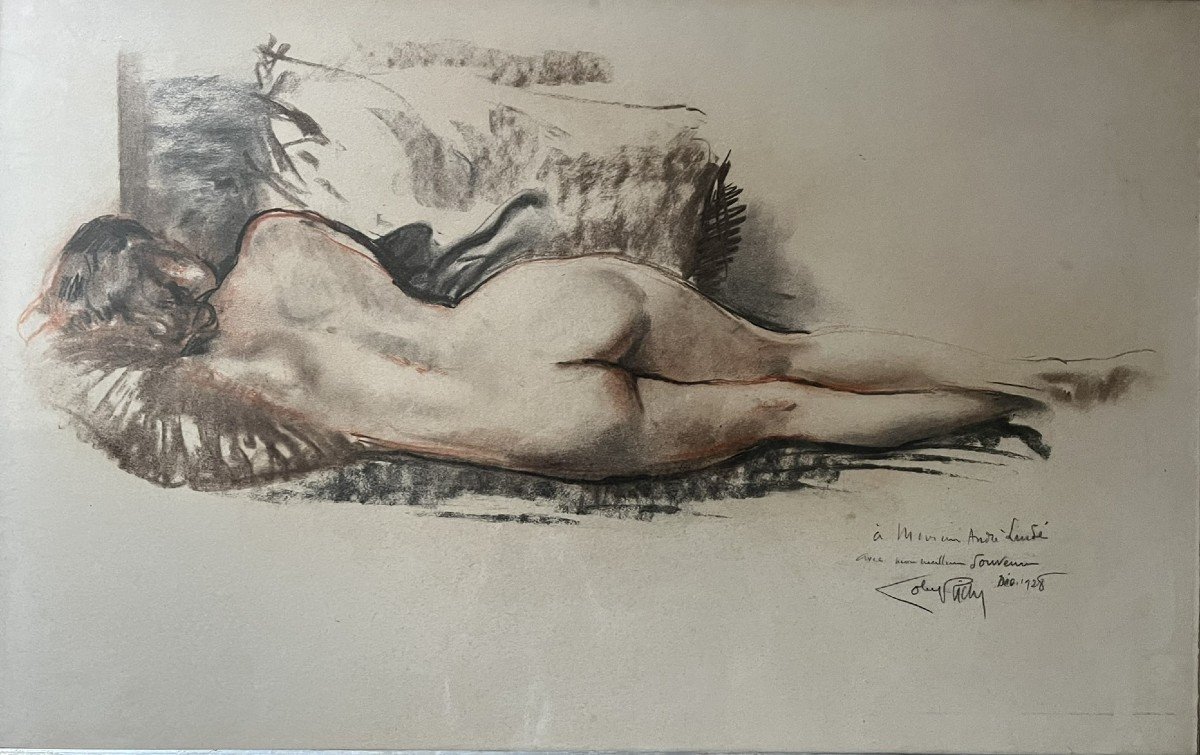 Large Drawing With Three Pencils By Lobel Riche - Nude Of A Lying Woman - Signed And Dedicated-photo-2