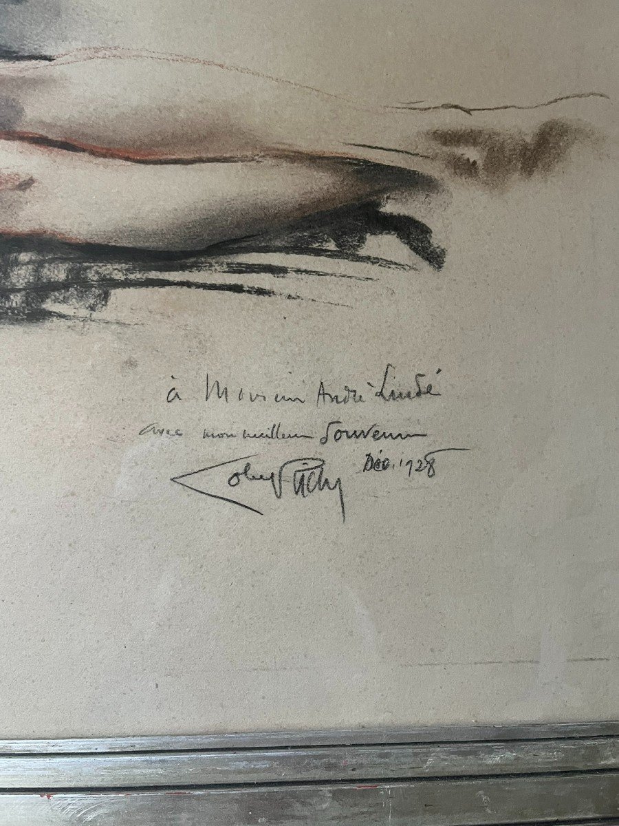 Grand Dessin Aux Trois Crayons De Lobel Riche - Nu De Femme Allongée  - Signé Et Dédicacé -photo-3
