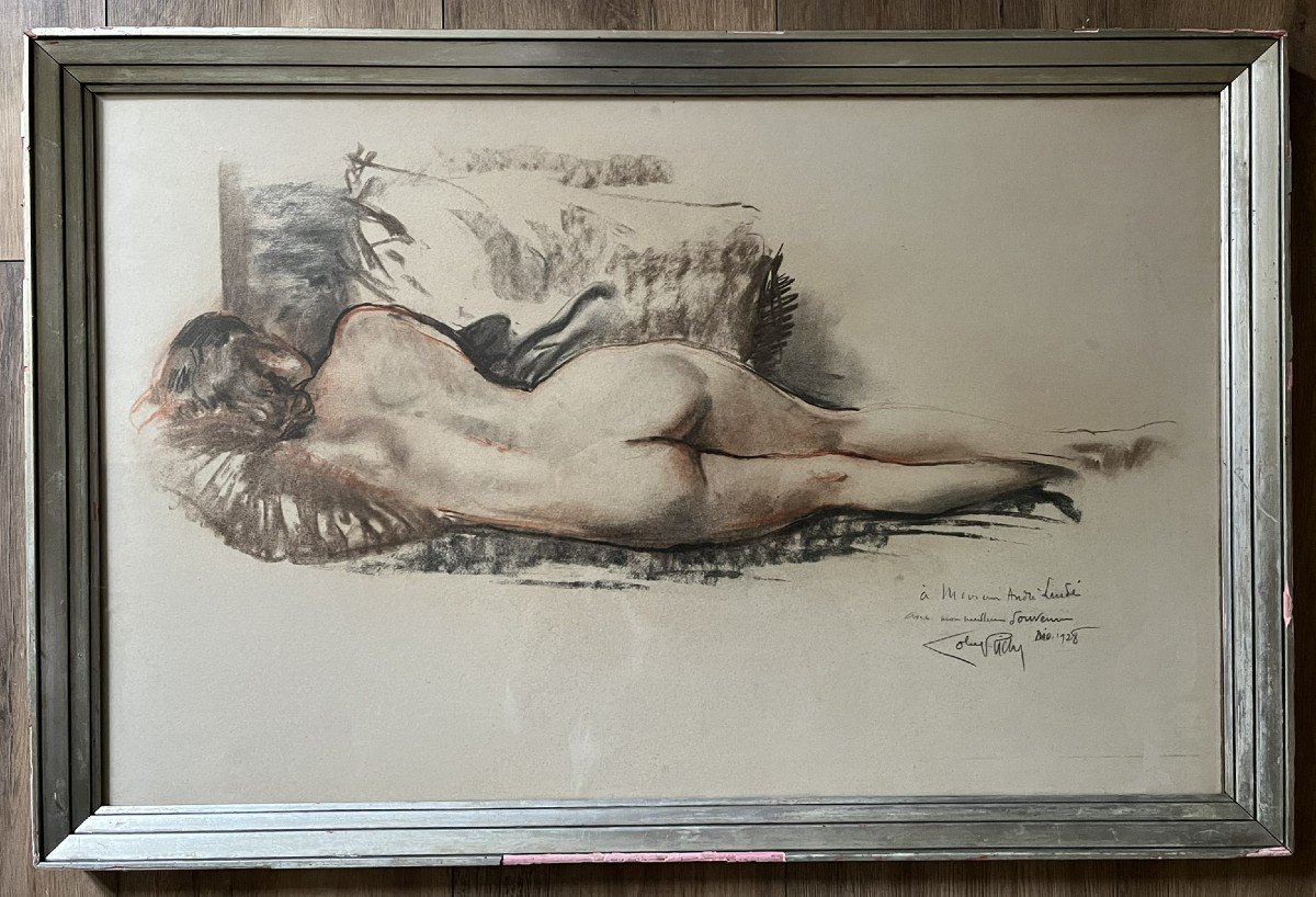 Large Drawing With Three Pencils By Lobel Riche - Nude Of A Lying Woman - Signed And Dedicated