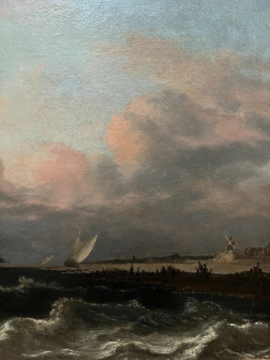 Huile Sur Toile XVIIème - Ecole Hollandaise - Marine - Voilier Devant Les Côtes Hollandaises-photo-4