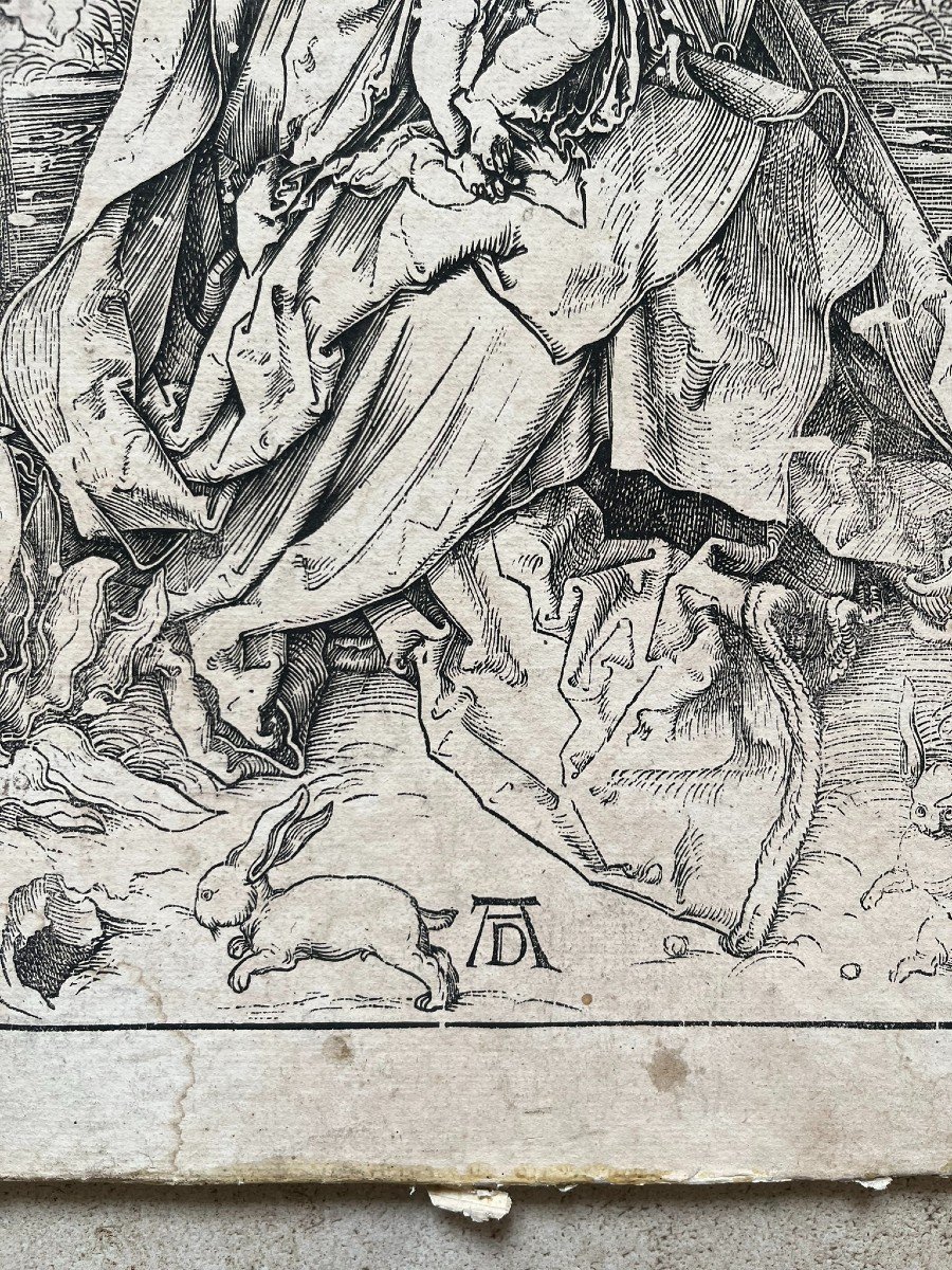 Original Wood Engraved By Albrecht Dürer - The Holy Family With Three Hares - 18th Century Print-photo-3