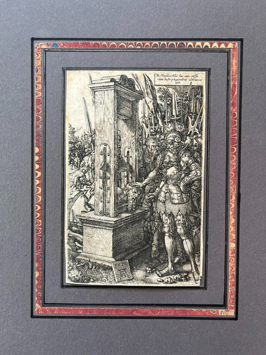 Gravure XVIème Originale Par Heinrich Aldegrever - Titus Manlius - Guillotine - 1553-photo-2