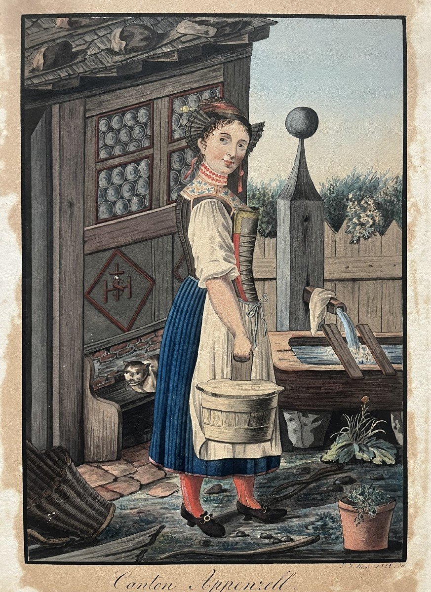 Pair Of 19th Century Swiss Watercolors - Peasant Woman And Peasant From The Canton Appenzell - Swiss School-photo-1