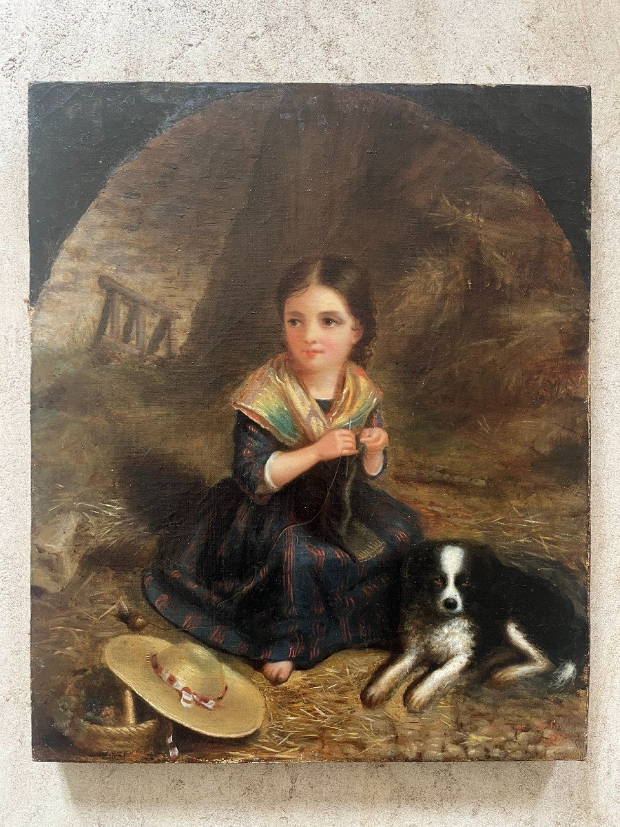 Oil On Canvas 19th Century - Enfantina - Little Girl And Her Dog - Léontine Berton - 1855