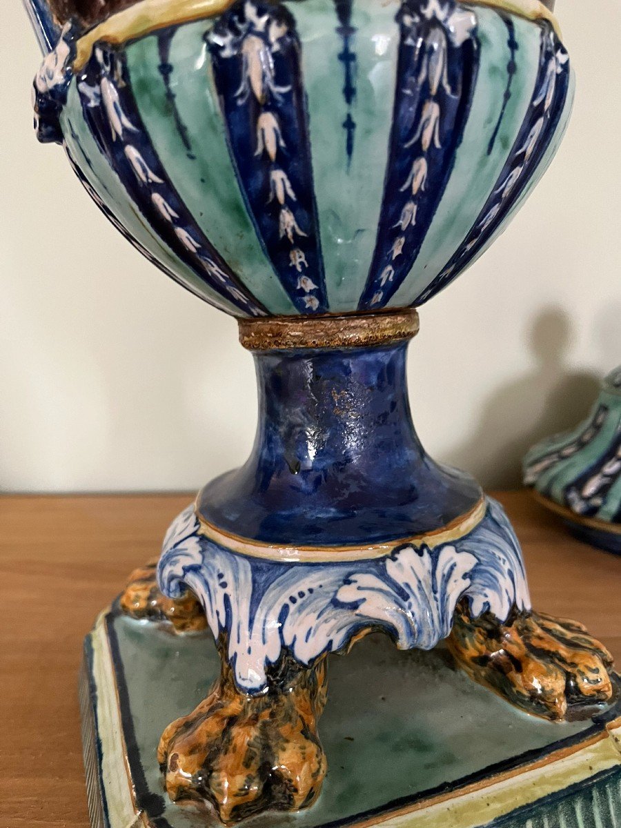 Paire De Grands Vases Pots Couverts Majolique Italienne XIXème -photo-2