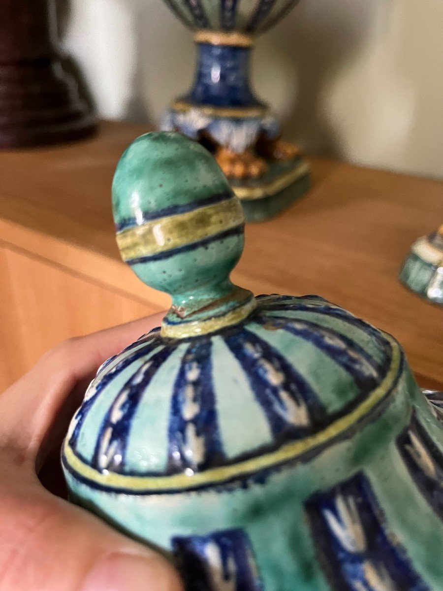 Paire De Grands Vases Pots Couverts Majolique Italienne XIXème -photo-4