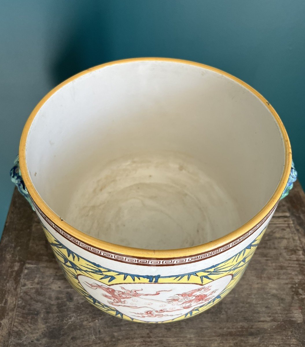 Cache Pot Planter In Sarreguemines Earthenware 19th Century - Chinoisant Decor - Phoenix -photo-2