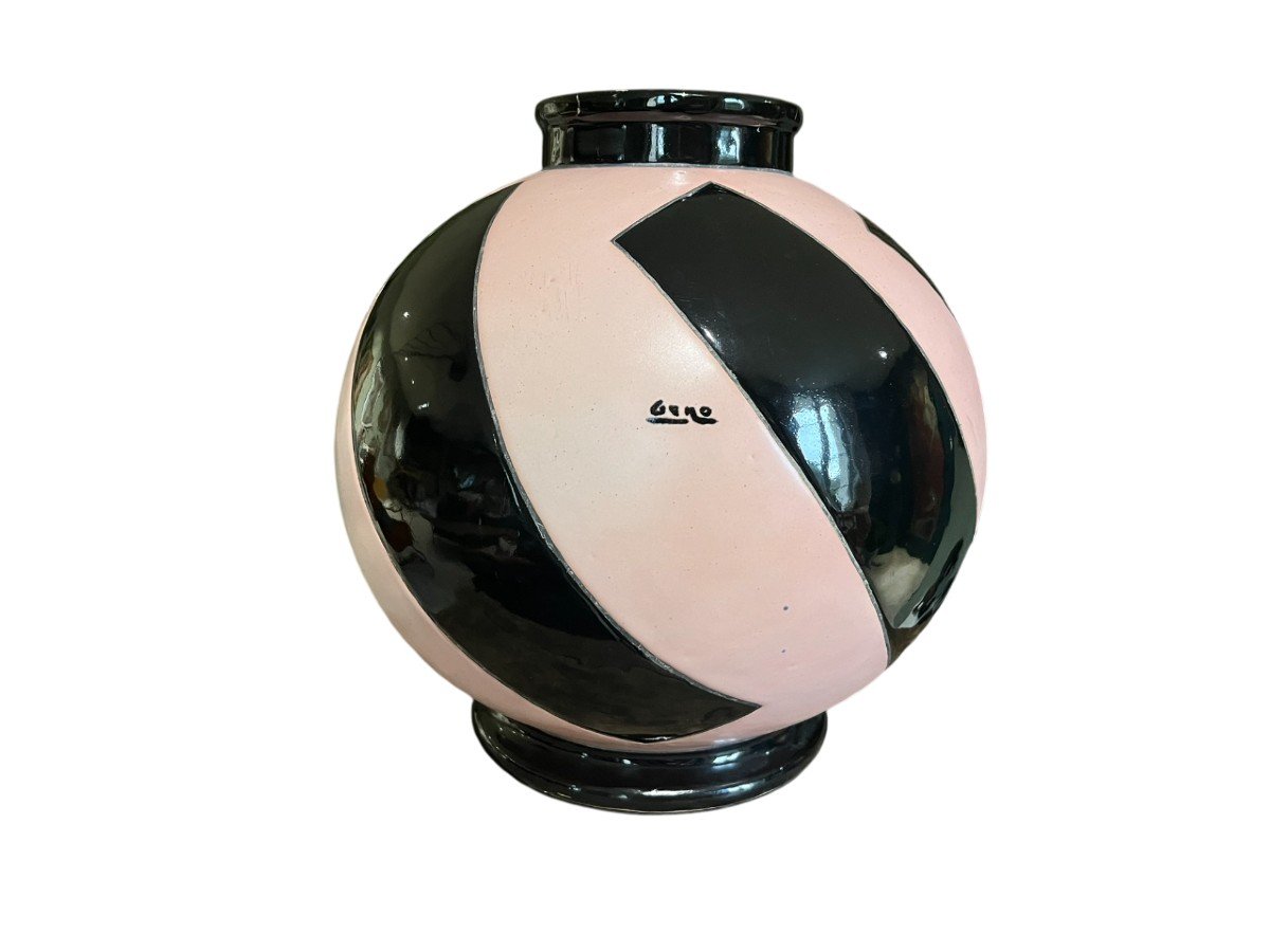 Geno - Montières - Spherical Vase In Pink And Black Glazed Ceramic - Circa 1930-photo-2