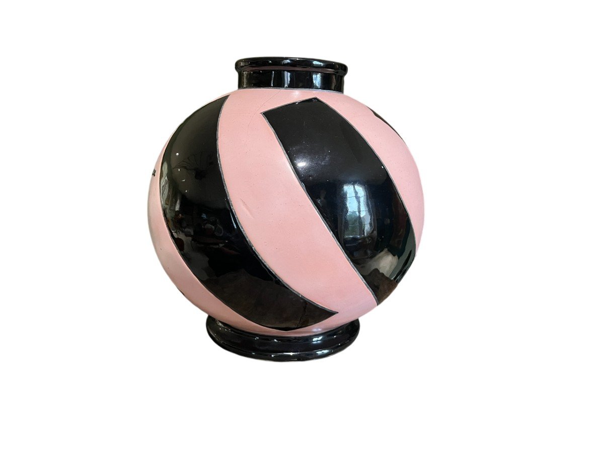 Geno - Montières - Spherical Vase In Pink And Black Glazed Ceramic - Circa 1930-photo-3