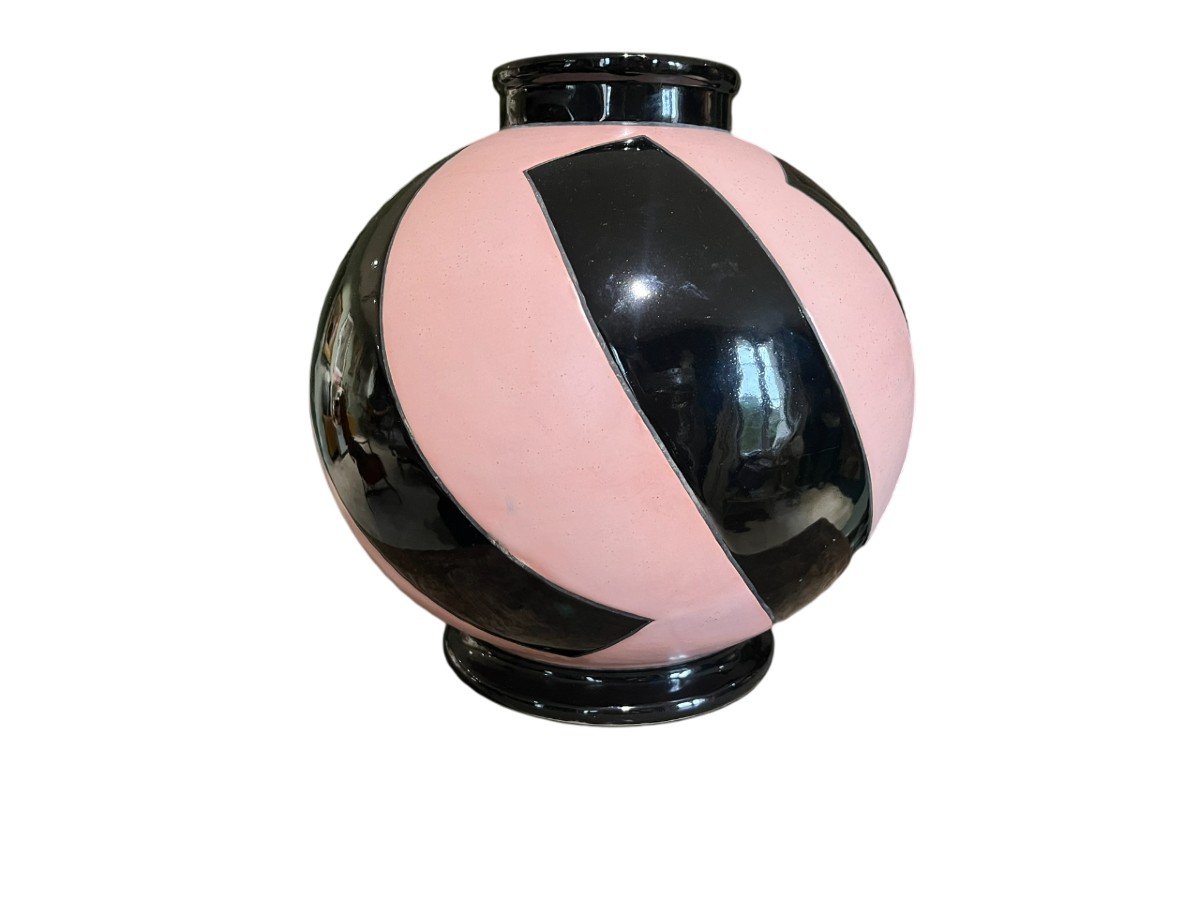 Geno - Montières - Spherical Vase In Pink And Black Glazed Ceramic - Circa 1930-photo-4