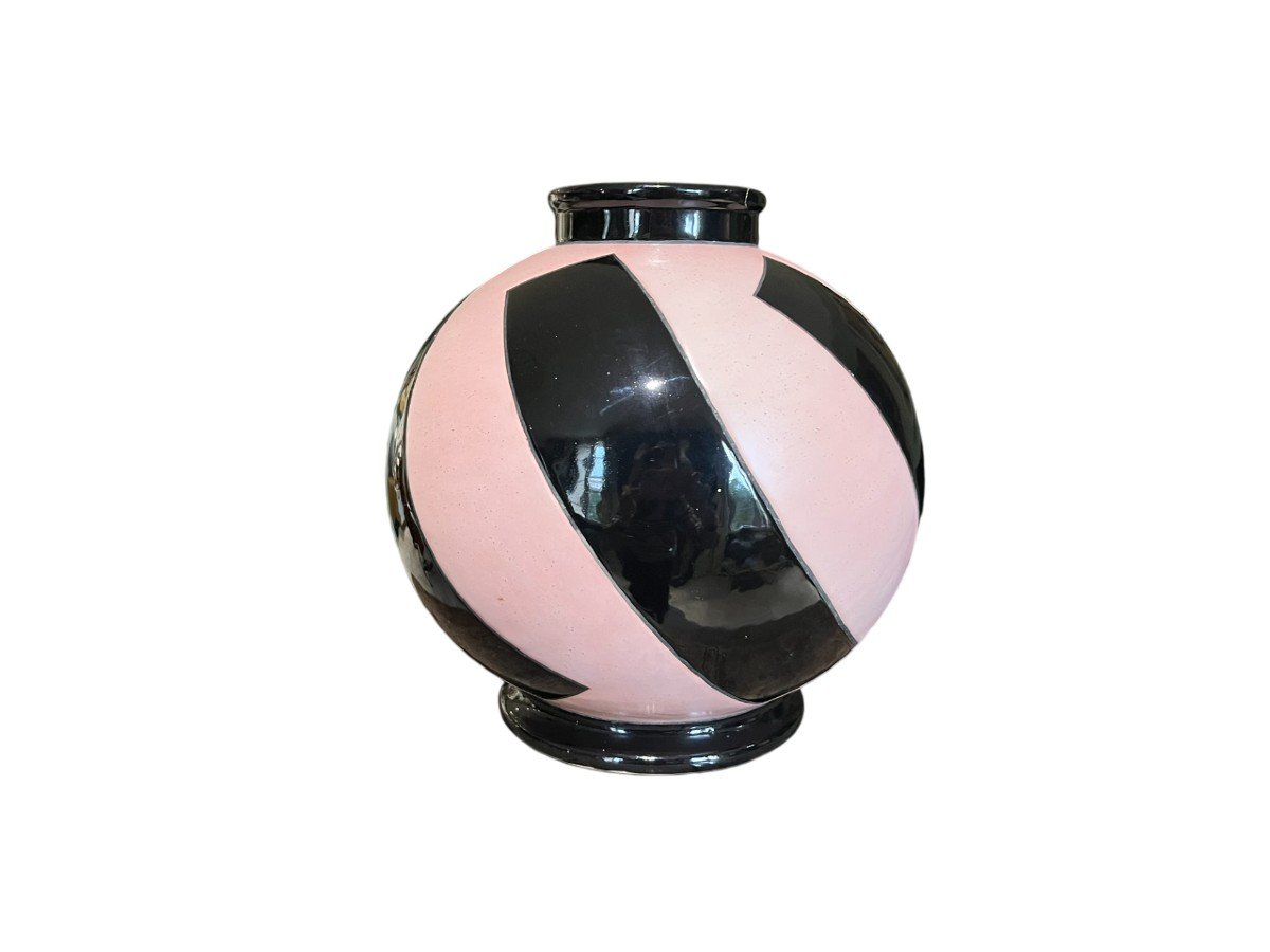 Geno - Montières - Spherical Vase In Pink And Black Glazed Ceramic - Circa 1930-photo-1