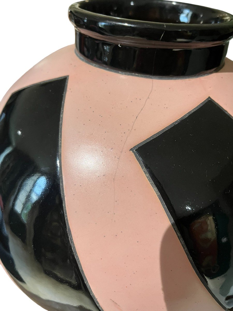 Geno - Montières - Spherical Vase In Pink And Black Glazed Ceramic - Circa 1930-photo-3