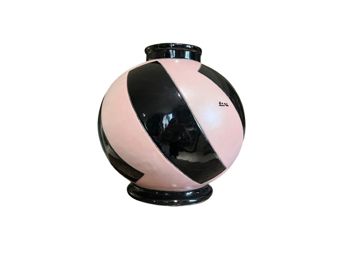 Geno - Montières - Spherical Vase In Pink And Black Glazed Ceramic - Circa 1930