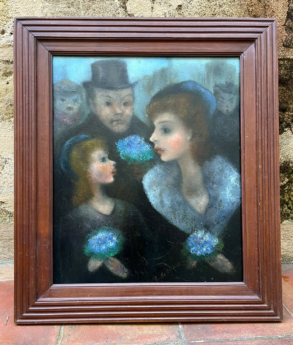 Édouard Goerg - Huile sur Toile - Les Trois Bouquets de Violettes - 1949