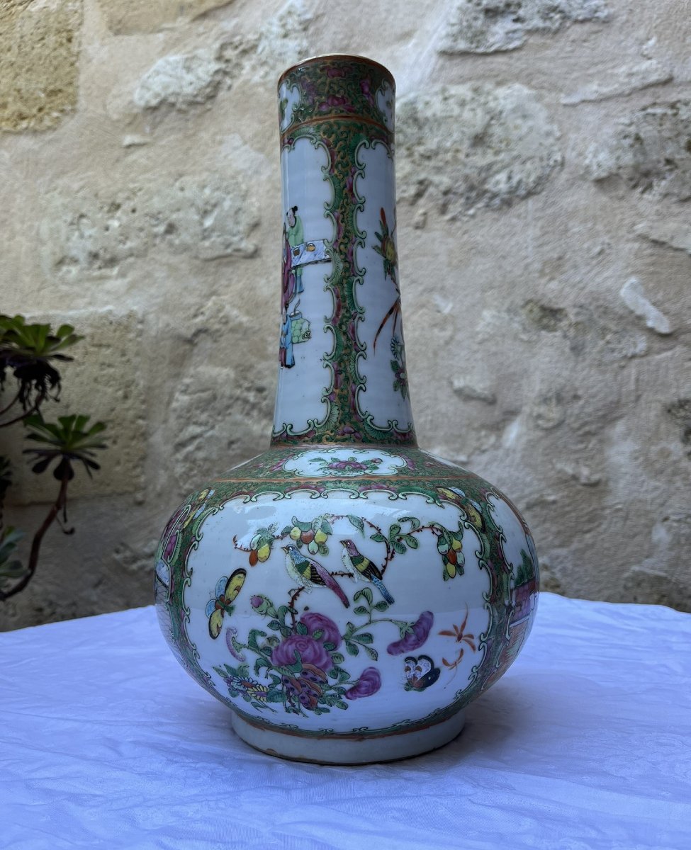 Vase Bouteille Chine Canton Famille Rose XIXème -photo-2