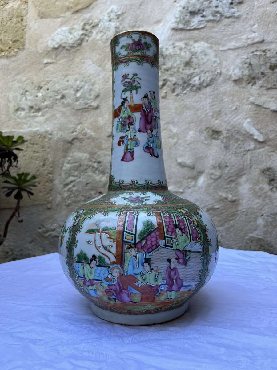 Vase Bouteille Chine Canton Famille Rose XIXème -photo-3