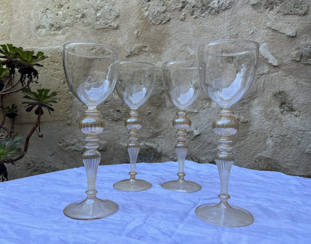 Four Large Wine Glasses - Murano Blown Glass - Venice 