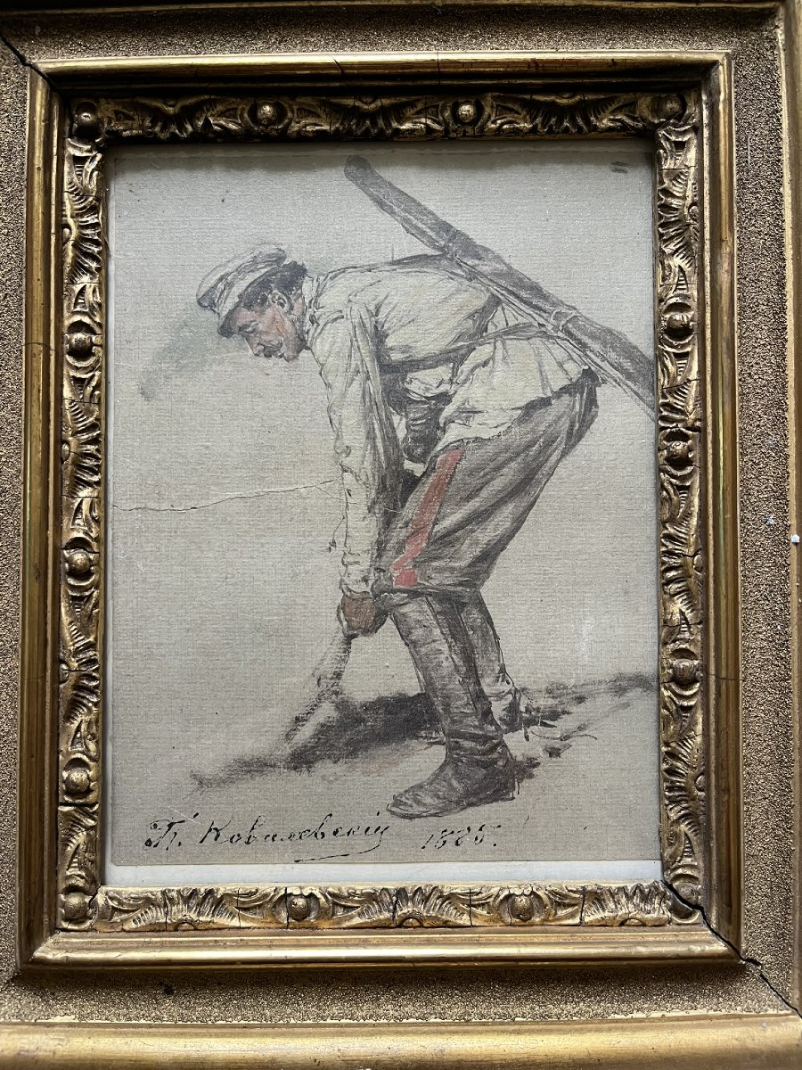 Pavel Osipovich Kovalevsky - Oil And Gouache - A Soldier - Signed And Dated 1885 - Russian Art-photo-2