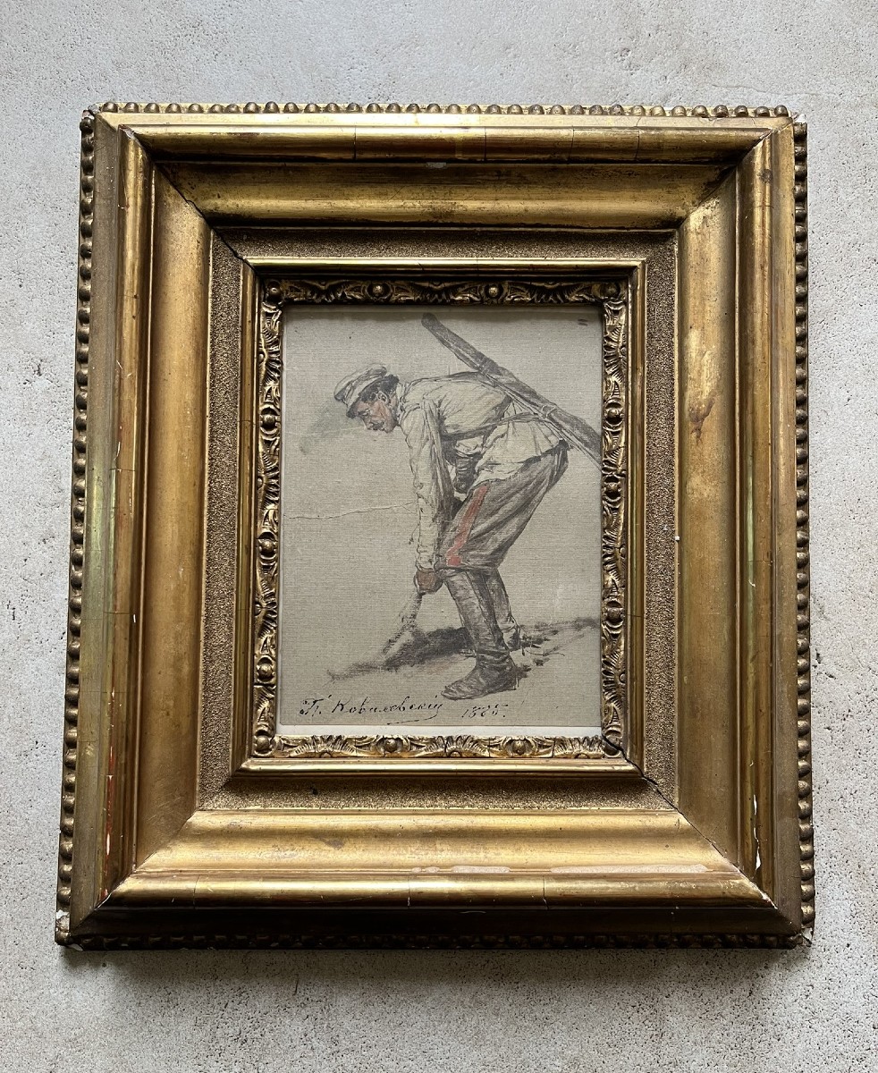 Pavel Osipovich Kovalevsky - Oil And Gouache - A Soldier - Signed And Dated 1885 - Russian Art