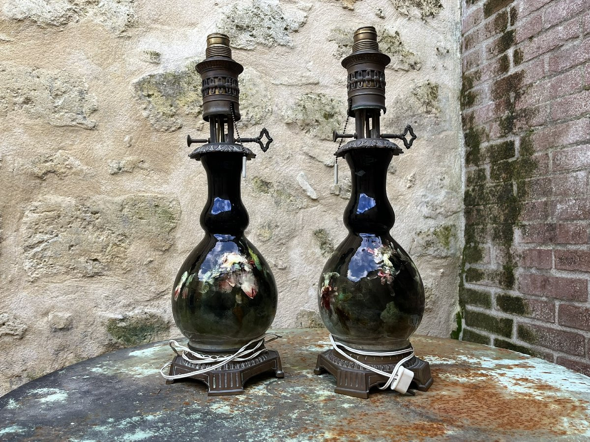Impressionist Ceramics - Montigny-sur-loing - Pair Of Electrified Oil Lamps -photo-2