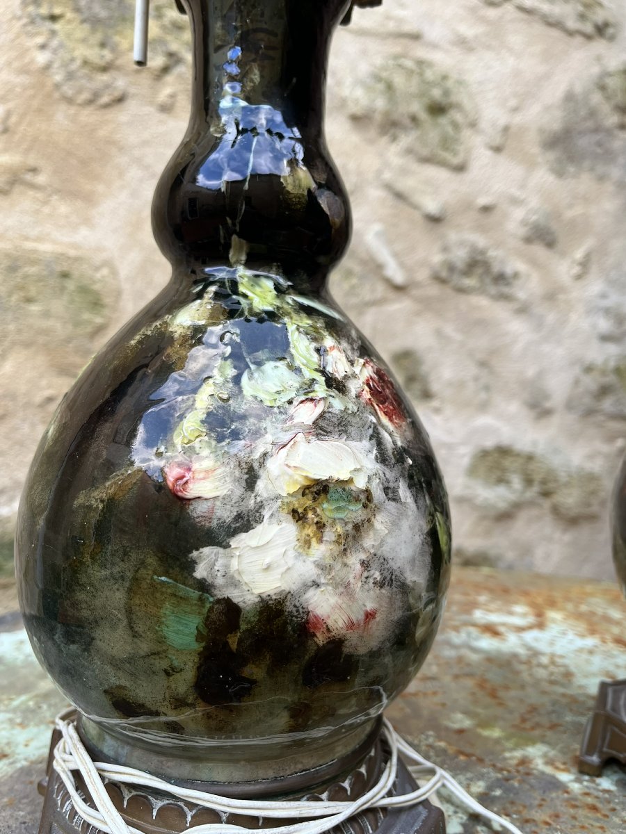 Impressionist Ceramics - Montigny-sur-loing - Pair Of Electrified Oil Lamps -photo-3