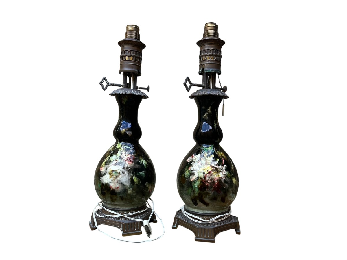 Impressionist Ceramics - Montigny-sur-loing - Pair Of Electrified Oil Lamps 