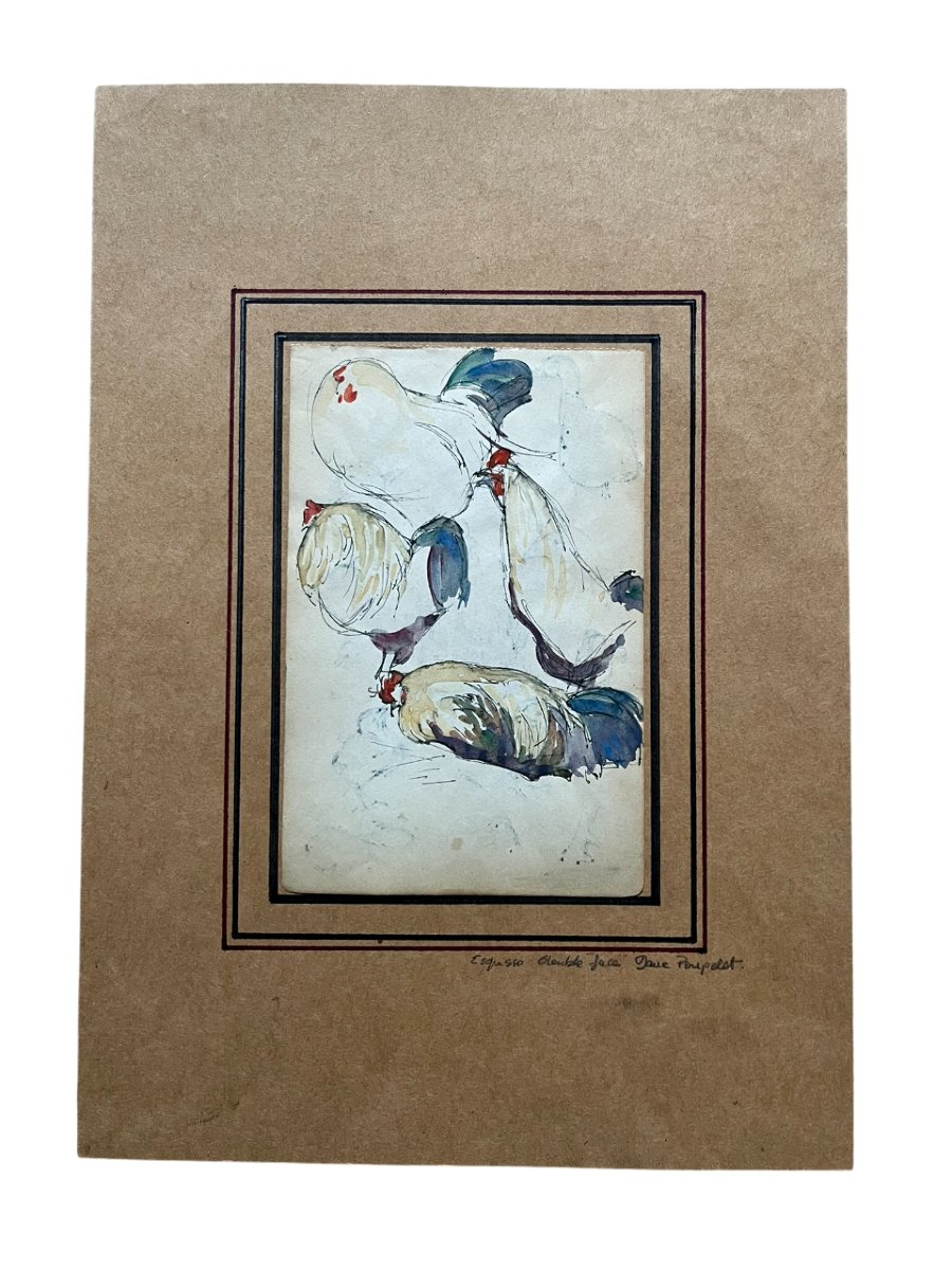 Jane Poupelet - Attributed To - Drawing - Pen And Watercolor Highlights - Study Of A Rooster - Double-sided-photo-2