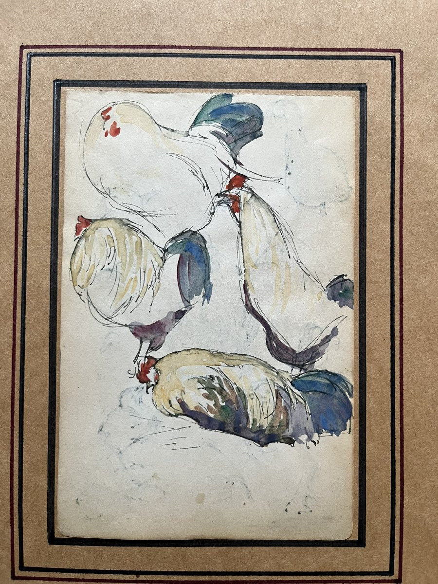 Jane Poupelet - Attributed To - Drawing - Pen And Watercolor Highlights - Study Of A Rooster - Double-sided-photo-3