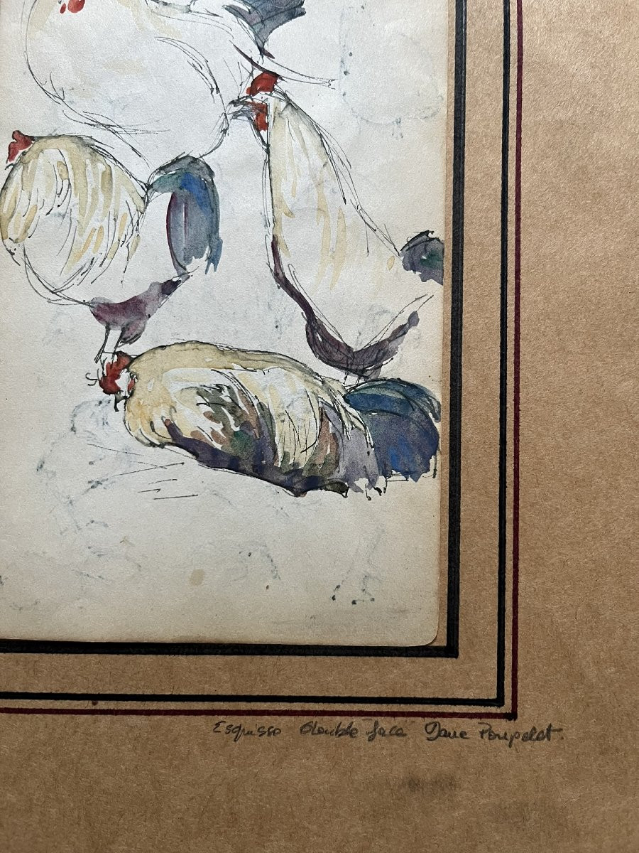 Jane Poupelet - Attributed To - Drawing - Pen And Watercolor Highlights - Study Of A Rooster - Double-sided-photo-4