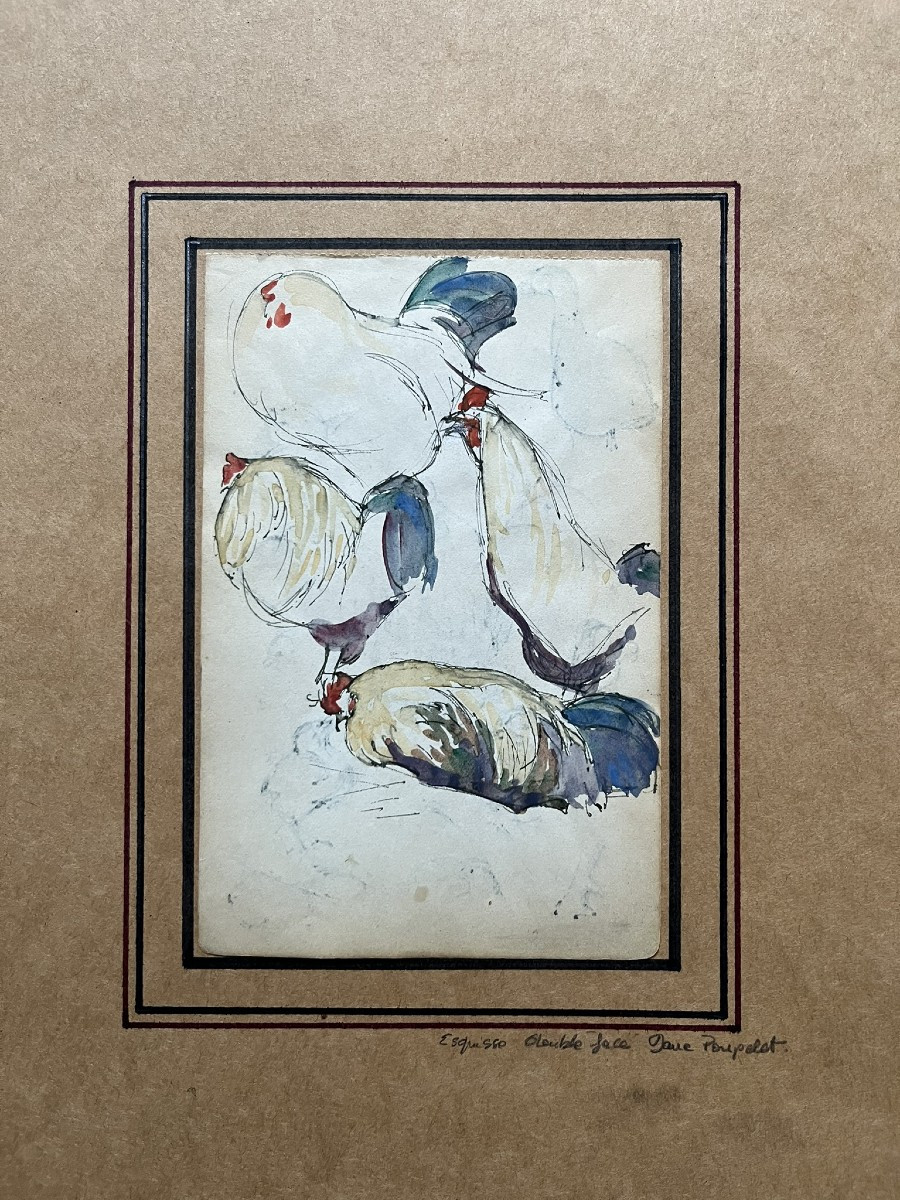 Jane Poupelet - Attributed To - Drawing - Pen And Watercolor Highlights - Study Of A Rooster - Double-sided