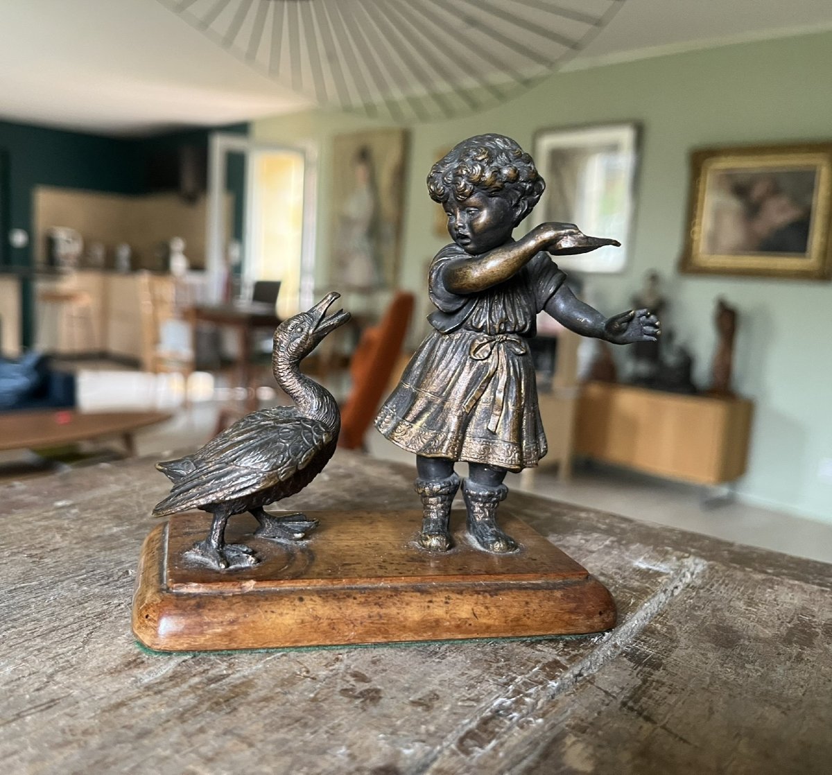 Bronze Circa 1900 - Petite fille et une Oie -photo-2