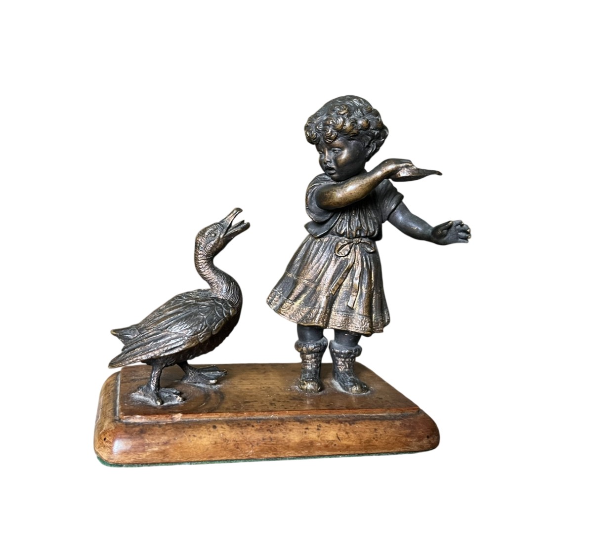 Bronze Circa 1900 - Petite fille et une Oie 