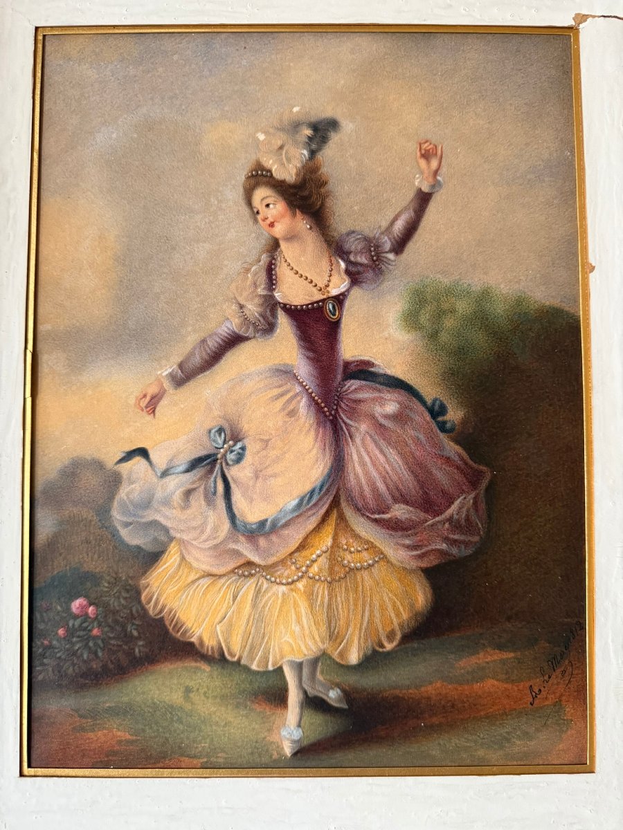 Aquarelle sur Vélin - 1812 – Élégante – Époque Empire - Signature à identifier