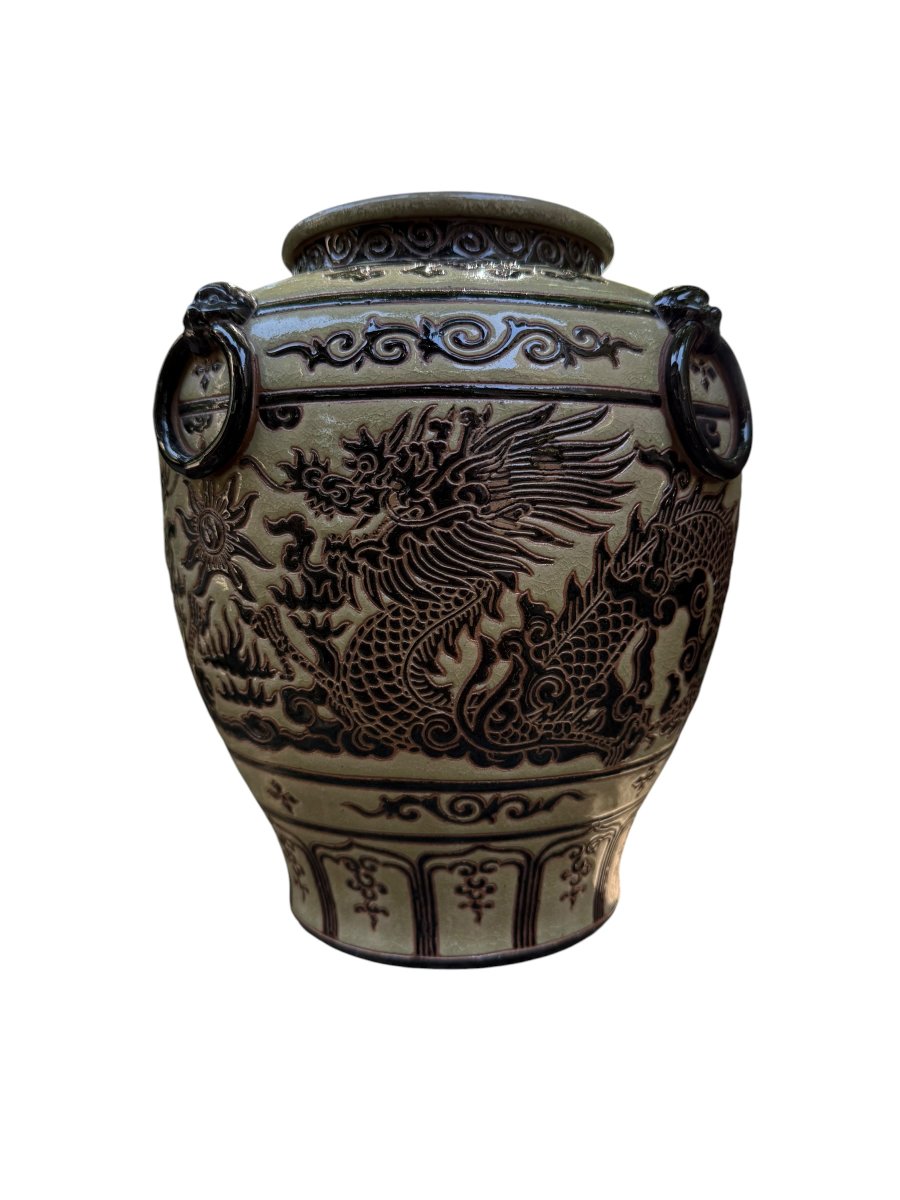 Vase vietnamien en grès émaillé – Décor dragon en relief – XXᵉ siècle - Vietnam  - BIEN HOA -photo-2