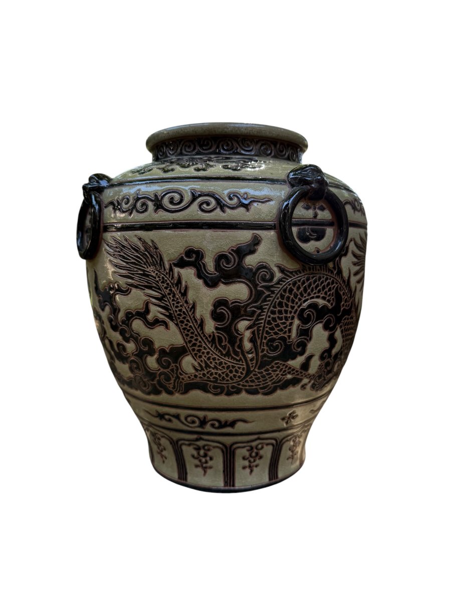 Vase vietnamien en grès émaillé – Décor dragon en relief – XXᵉ siècle - Vietnam  - BIEN HOA -photo-4